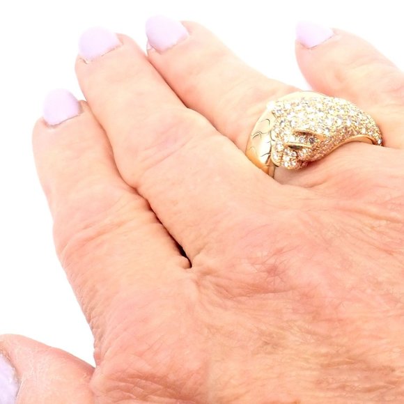 Authentic! Cartier Panther 18k Yellow Gold Diamond Emerald Onyx Band Ring - Picture 10 of 11